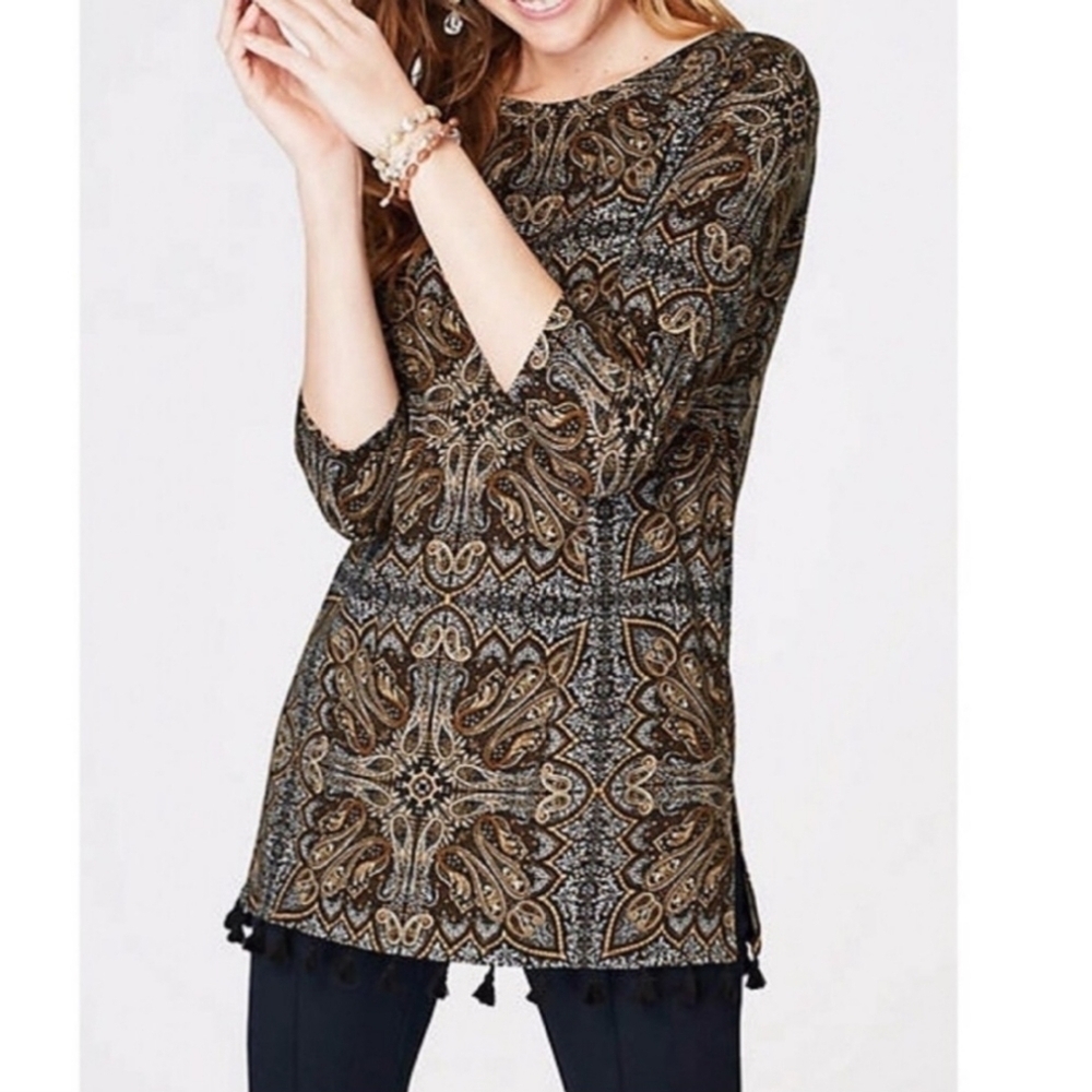 J. Jill | Paisley Tassel Trim 3/4 Sleeve Tunic Top Women's Medium M Boho EUC